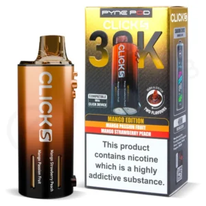 โข Product Name: Peach Edition Click S 30K Prefilled Pod & Refill โข Flavour: Peach Edition โข Puff Count: Up to 30,000 puffs โข Pod Capacity: 2 ml prefilled pod + 2 ร 10 ml refill containers โข Nicotine Strength: 20 mg nicotine salt