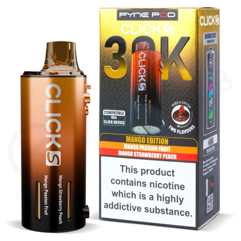 • Product Name: Peach Edition Click S 30K Prefilled Pod & Refill • Flavour: Peach Edition • Puff Count: Up to 30,000 puffs • Pod Capacity: 2 ml prefilled pod + 2 × 10 ml refill containers • Nicotine Strength: 20 mg nicotine salt