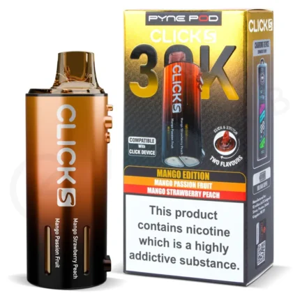 • Product Name: Mango Edition Click S 30K Prefilled Pod & Refill • Flavour: Mango Edition • Puff Count: Up to 30,000 puffs • Pod Capacity: 2 ml prefilled pod + 2 × 10 ml refill containers • Nicotine Strength: 20 mg nicotine salt
