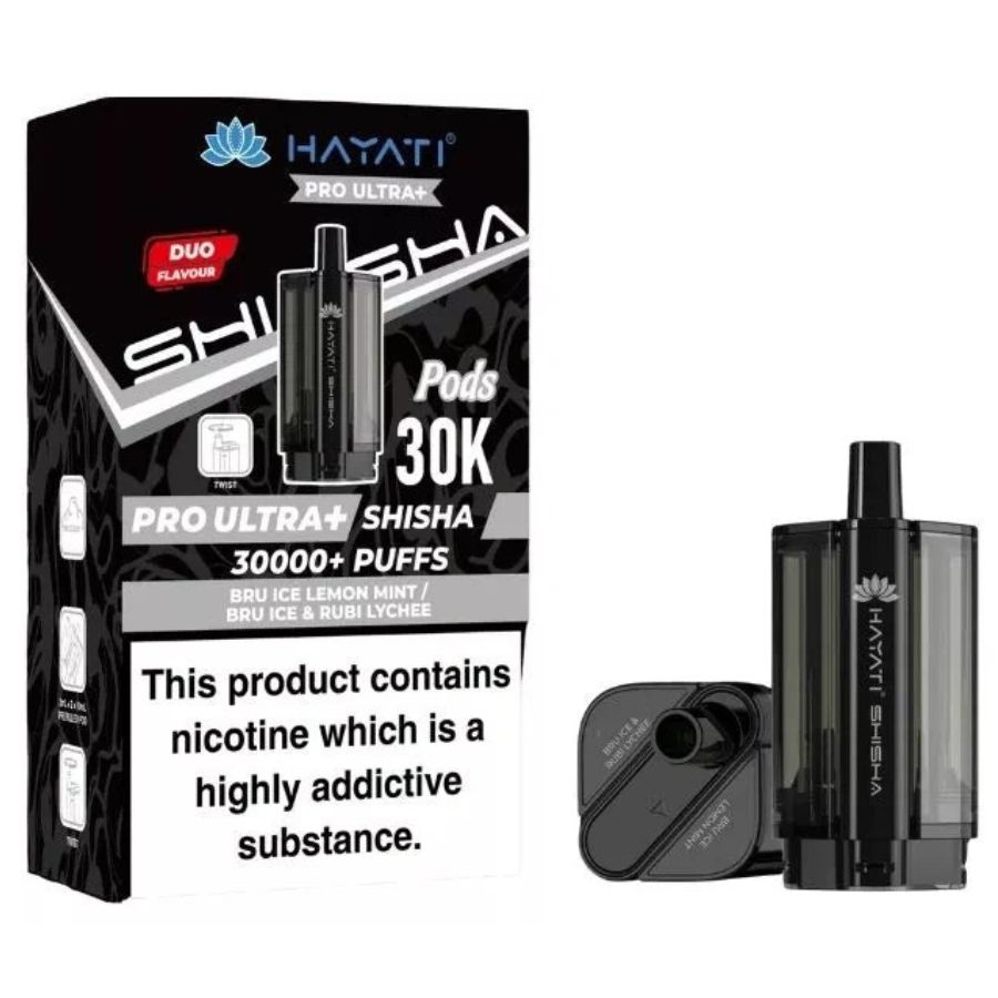 Bru Ice Lemon Mint / Bru Ice & Rubi Lychee Pro Ultra Plus Shisha 30K Prefilled Pod & Refill by Hayati
