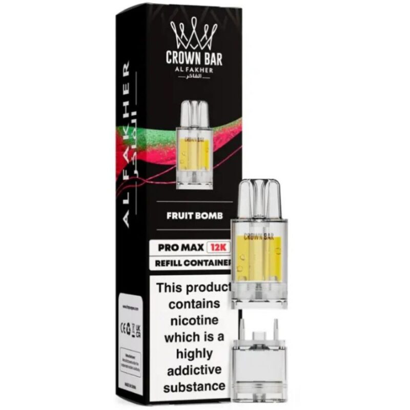 • Product Name: Fruit Bomb Crown Bar Pro Max 12K Prefilled Pod & Refill • Brand: Al Fakher • Device Range: Crown Bar Pro Max 12K • Product Type: Prefilled Pod & Refill Kit • Puff Count: Up to 12,000 Puffs • Flavour Profile: Mixed Fruits • Device Type: Pod System • Nicotine Strength: Varies by version • Rechargeable: Yes • Activation: Draw-Activated • Prefilled Pod & Refill System: Yes • Portability: Compact & Pocket-Friendly